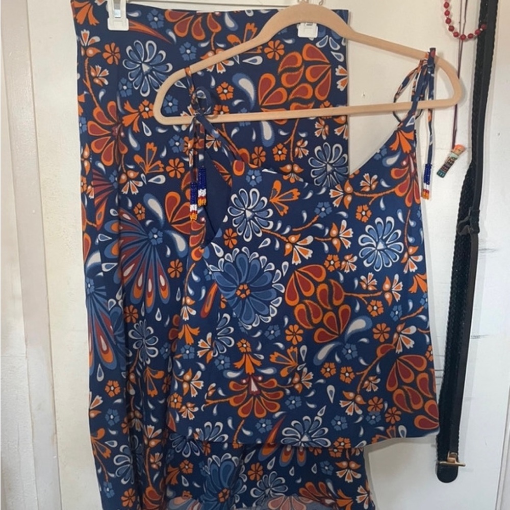 Floral Navy and Orange Women's A-Line Skirt & Shirt Set